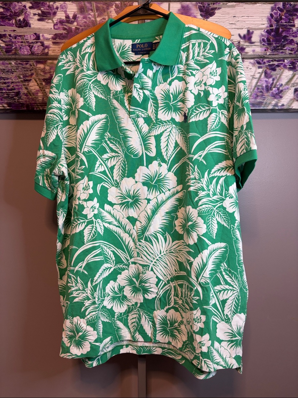 Polo by Ralph Lauren White Floral Green Hawaiian Polo Shirt EUC Size XL